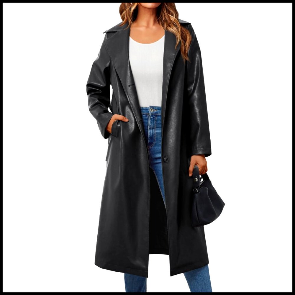 Faux Leather Trench Coat Classic Elegant Open Front Belted Long Jacket - Picture 1 of 6